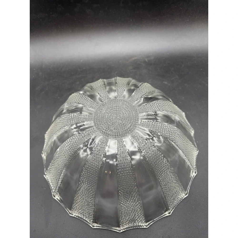 Vintage Clear Glass Scalloped Bowl Textured Stippled Stripe‎ Sunburst 8.5 Inch